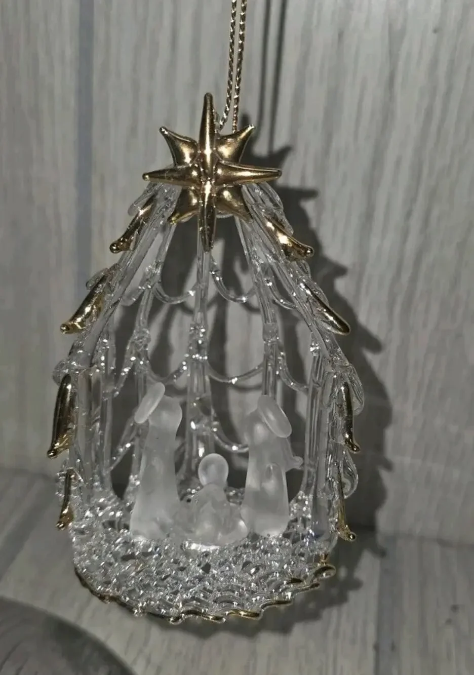 Vtg Hand Spun Blown Clear Glass Nativity Manger Ornament Religious Christmas 3